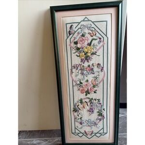 Vintage Floral & Butterfly Embroidered Picture Frame Needlepoint Cross Stitch
